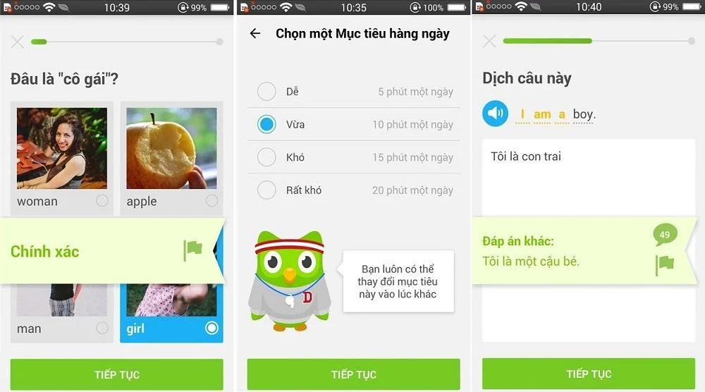 Giao diện học bài của Duolingo