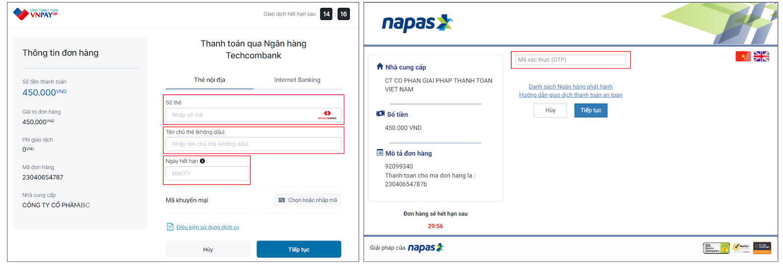 huong dan thanh toan vnpay tren website 7 Giao diện thanh toán qua “Thẻ nội địa và tài khoản ngân hàng”