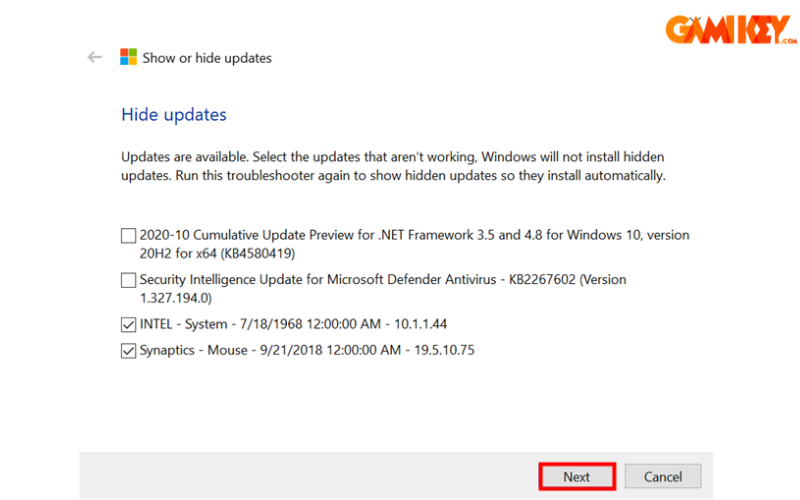 tat windows update win 10 18 Chọn những bản cập nhật có thể chặn và chọn “ next”