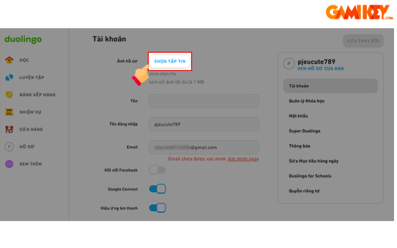 cách đổi ảnh đại diện trên duolingo
